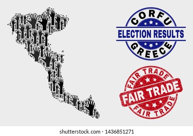 Ballot Corfu Island map and seal stamps. Red rounded Fair Trade distress stamp. Black Corfu Island map mosaic of raised up vote arms. Vector combination for ballot results, with Fair Trade seal.