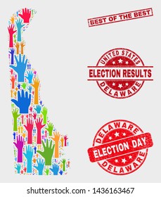 Ballot Delaware State map and stamps. Red rectangular Best of the Best scratched watermark. Colorful Delaware State map mosaic of upwards voting arms. Vector combination for election day,