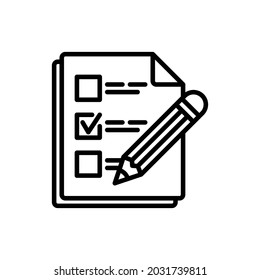 Papeleta, documento con icono de garrapata y línea delgada. Elecciones. Ilustración vectorial moderna.