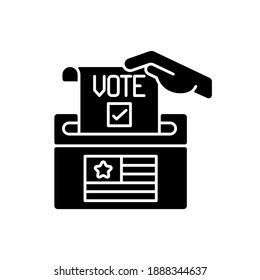 Ballot drop box black glyph icon. Voting for candidate. Political system. Competition between parties. Opinion polling. Silhouette symbol on white space. Vector isolated illustration