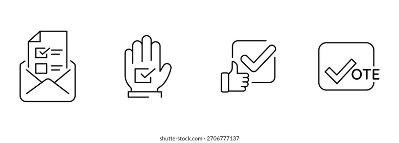 Envelope de cédula, cheque de mão, polegares para cima, ícone de caixa de votação ilustração vetorial para uso de aprovação de eleição.