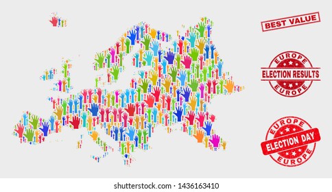 Ballot Europe map and seal stamps. Red rectangular Best Value textured watermark. Bright Europe map mosaic of raised election hands. Vector composition for election day, and ballot results.