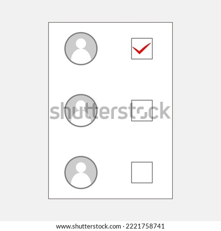 Ballot form with impersonal avatars and boxes for selection. Depersonalized candidates avatars on right. Cells to select on left. Selection marked with red tick in top cell. Completed voting decisions