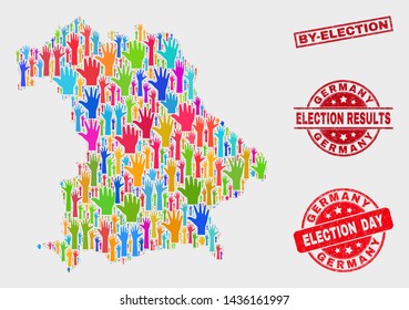 Ballot Germany map and watermarks. Red rectangular By-Election textured seal stamp. Colorful Germany map mosaic of upwards like hands. Vector collage for election day, and ballot results.