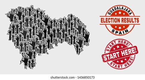 Ballot Guadalajara Province map and seal stamps. Red rounded Start Here! textured watermark. Black Guadalajara Province map mosaic of raised referendum arms. Vector collage for referendum results,
