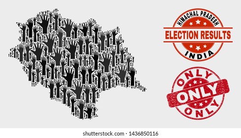 Ballot Himachal Pradesh State map and watermarks. Red rounded Only textured seal stamp. Black Himachal Pradesh State map mosaic of upwards like arms. Vector collage for ballot results,