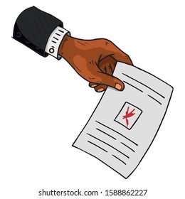 Ballot holds the hand of an African American. Vector of a ballot in the hand of a man. Hand wrist holds a blank with a cross, a document, a sheet of paper with text. Hand with a sleeve of a man.