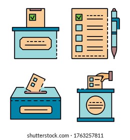Juego de iconos de la boleta de votación. Conjunto de esquemas iconos vectoriales de la cédula de votación color delgado plano aislado en blanco