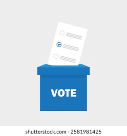 Ballot inserted into blue voting box. Poster patriotism design.Vector isolated