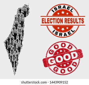 Ballot Israel map and seal stamps. Red rounded Good scratched seal. Black Israel map mosaic of raised referendum hands. Vector composition for referendum results, with Good imprint.