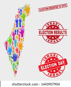 Ballot Israel map and stamps. Red rectangular Election Register to Vote distress stamp. Bright Israel map mosaic of raised ballot arms. Vector composition for election day, and ballot results.