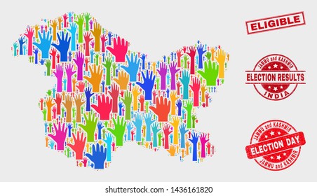 Ballot Jammu and Kashmir State map and watermarks. Red rectangular Eligible distress stamp. Colorful Jammu and Kashmir State map mosaic of raised up decision arms. Vector collage for election day,