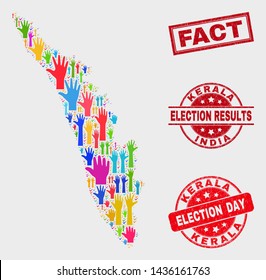 Ballot Kerala State map and seal stamps. Red rectangular Fact grunge seal stamp. Bright Kerala State map mosaic of upwards vote arms. Vector collage for election day, and ballot results.
