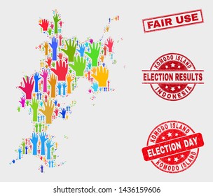 Ballot Komodo Island map and seal stamps. Red rectangle Fair Use scratched seal stamp. Colorful Komodo Island map mosaic of raised raising hands. Vector combination for election day,