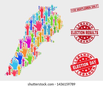 Ballot Lebanon map and watermarks. Red rectangular For Gentlemen Only textured watermark. Colored Lebanon map mosaic of upwards ballot arms. Vector collage for election day, and ballot results.