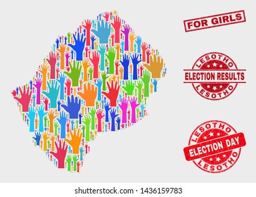 Ballot Lesotho map and seals. Red rectangular For Girls scratched stamp. Colorful Lesotho map mosaic of raised selection arms. Vector composition for election day, and ballot results.