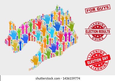 Ballot Liaoning Province map and stamps. Red rectangular For Guys textured seal. Colorful Liaoning Province map mosaic of raised up election hands. Vector collage for election day, and ballot results.
