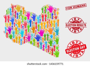 Ballot Libya map and stamps. Red rectangular For Humans grunge seal. Colorful Libya map mosaic of raised election arms. Vector collage for election day, and ballot results.