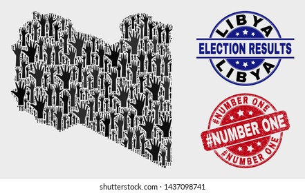 Ballot Libya map and stamps. Red rounded #Number One textured seal stamp. Black Libya map mosaic of raised referendum hands. Vector composition for referendum results, with #Number One stamp.
