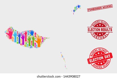 Ballot Madeira Islands map and stamps. Red rectangle Forbidden Access textured seal. Colorful Madeira Islands map mosaic of raised ballot hands. Vector combination for election day,