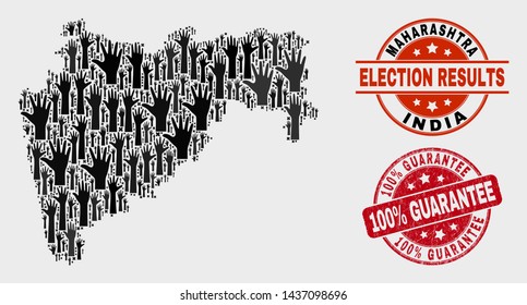 Ballot Maharashtra State map and watermarks. Red round 100% Guarantee grunge watermark. Black Maharashtra State map mosaic of upwards agree arms. Vector composition for referendum results,