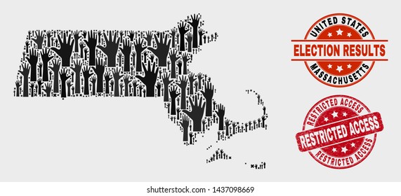Ballot Massachusetts State map and stamps. Red rounded Restricted Access textured seal. Black Massachusetts State map mosaic of upwards ballot arms. Vector collage for ballot results,