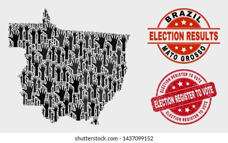 Ballot Mato Grosso State map and stamps. Red rounded Election Register to Vote grunge seal. Black Mato Grosso State map mosaic of upwards vote arms. Vector combination for ballot results,