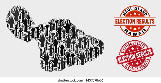Ballot Maui Island map and seal stamps. Red round Election Results grunge seal stamp. Black Maui Island map mosaic of raised help hands. Vector composition for ballot results,