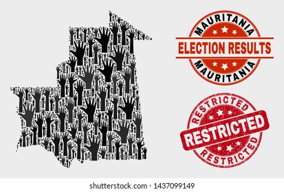 Ballot Mauritania map and seals. Red round Restricted textured seal stamp. Black Mauritania map mosaic of upwards vote hands. Vector combination for ballot results, with Restricted seal stamp.