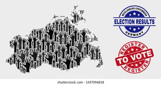 Ballot Mecklenburg-Vorpommern Land map and stamps. Red round Register to Vote textured seal stamp. Black Mecklenburg-Vorpommern Land map mosaic of raised up referendum arms.