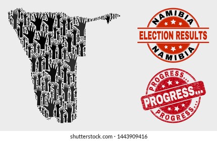 Ballot Namibia map and seal stamps. Red round Progress... scratched seal stamp. Black Namibia map mosaic of raised up volunteer hands. Vector composition for ballot results, with Progress...