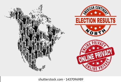 Ballot North America v2 map and seal stamps. Red round Online Privacy scratched seal. Black North America v2 map mosaic of raised voting hands. Vector combination for ballot results,