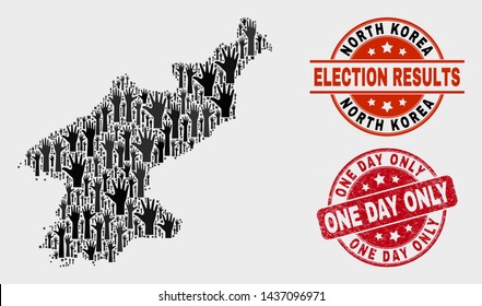 Ballot North Korea map and seal stamps. Red rounded One Day Only scratched seal stamp. Black North Korea map mosaic of upwards voting hands. Vector composition for ballot results,