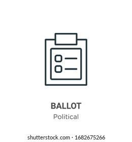 Das Symbol für die Vektorillustration des Stimmzettels wird umrissen. Dünnlinienschwarze Wahlurnen-Symbol, einfache flache Vektorillustration-Elementgrafik aus bearbeitbarem politischem Konzept einzeln auf weißem Hintergrund