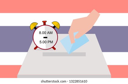 Ballot paper for election vote with clock show time and color of Thailand flag background 
