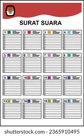 Ballot paper for Indonesia Election Day concept. vote party, president, parliament.