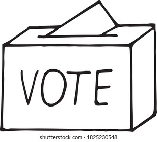 Ballot Paper Into The Box And Lettering Vote Sketch Icon, Sticker, Poster, Hand Drawn Vector Doodle, Minimalism, Monochrome. Single Element For Design. Elections