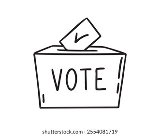 Ballot paper into the box and lettering vote sketch hand drawn doodle icon. Single element elections concept. Vector illustration