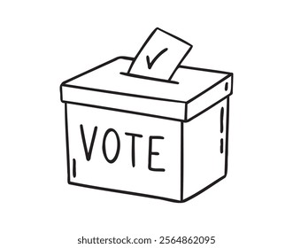 Ballot paper into the box and lettering vote sketch hand drawn doodle icon. Single element elections concept. Vector illustration