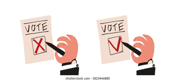 La cédula de votación y la mano del hombre marcan y cruzan o responden el voto No y Sí. Elecciones y sistema de votación política. Ilustración aislada del vector.