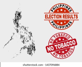 Ballot Philippines map and stamps. Red rounded No Tobacco distress seal stamp. Black Philippines map mosaic of raised support arms. Vector collage for ballot results, with No Tobacco seal.