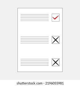 Ballot or questionnaire for voting or testing. Lines for entries on left. Cells for selection on right. Selection marked with red tick. Black slanted lines represent decision against. Completed voting