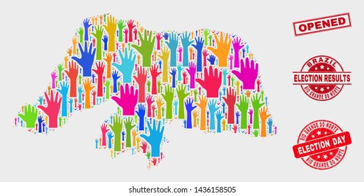 Ballot Rio Grande do Norte State map and seals. Red rectangular Opened distress stamp. Bright Rio Grande do Norte State map mosaic of raised election hands. Vector combination for election day,