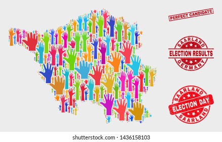 Ballot Saarland Land map and seal stamps. Red rectangle Perfect Candidate grunge seal stamp. Bright Saarland Land map mosaic of raised up raising hands. Vector combination for election day,