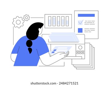 Ilustración vectorial de concepto abstracto de escaneo de boletas. Trabajador de encuestas contando votos usando máquina, ciencia social, proceso de tabulación, resultados de votación electrónica escaneando metáfora abstracta.