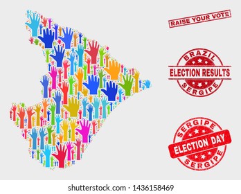 Ballot Sergipe State map and seal stamps. Red rectangle Raise Your Vote distress seal stamp. Colorful Sergipe State map mosaic of raised like arms. Vector combination for election day,