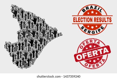 Ballot Sergipe State map and watermarks. Red round Oferta distress seal stamp. Black Sergipe State map mosaic of raised electoral hands. Vector collage for ballot results, with Oferta seal stamp.