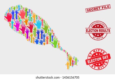 Ballot St Kitts Island map and seal stamps. Red rectangle Secret File grunge seal stamp. Colorful St Kitts Island map mosaic of raised up solution arms. Vector combination for election day,