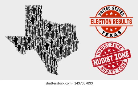 Ballot Texas State map and watermarks. Red rounded Nudist Zone scratched stamp. Black Texas State map mosaic of raised ballot hands. Vector collage for ballot results, with Nudist Zone seal stamp.
