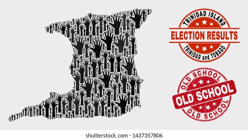 Ballot Trinidad Island map and seal stamps. Red round Old School grunge seal stamp. Black Trinidad Island map mosaic of upwards selection arms. Vector combination for election results,